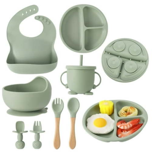 HEQUSIGNS 8 Piece Silicone Baby Feeding Set, Includes Suction Bowl, Plate, Spoon, Fork, Sippy Cup (Army Green)