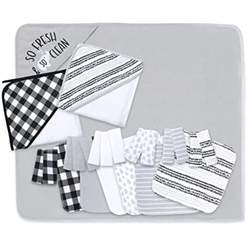 The Peanutshell Hooded Bath Towel and Wash Cloth Set for Baby Boys or Girls - 23 Piece Unisex Set - Black Plaid and Stripe