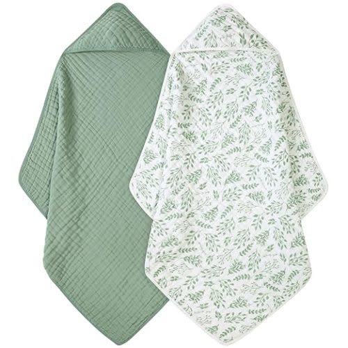 Baby Bath Towels, 100% Muslin Cotton Hooded Baby Towels for Newborn, 2 Pack Baby Towels with Hood for Infant Toddler and Kids, Large 32x32Inch, Soft and Absorbent - White Leaf & Green - 32*32 Inch (2 Pack)