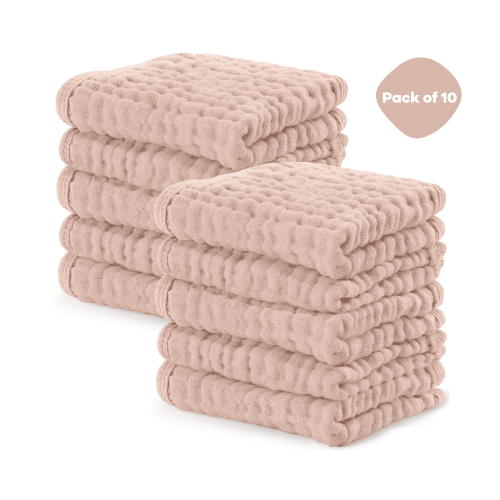 Comfy Cubs Muslin Cotton Baby Washcloths, Soft & Absorbent for Newborn Bath, 10”x10” Large Size, Pack of 10 (Blush)
