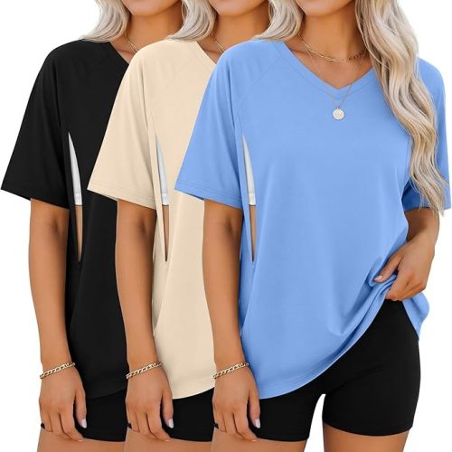 3 Pack Women's Oversized Nursing Shirts with Hidden Zip Breastfeeding Tops Short Sleeve Raglan Maternity Clothes