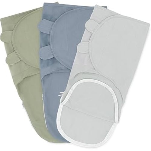 Comfy Cubs Easy Swaddle Blanket, 3 Pack - 100% Cotton Newborn Wrap, Small for 0-3 Months Infants, with Zipper Closure, Breathable and Durable Sleep Sack for Babies - Stone, Pacific Blue, Sage