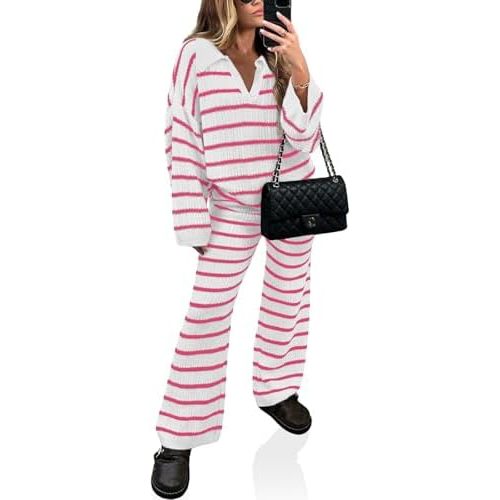 Yousify 2 Piece Sets for Women Long Sleeve V Neck Sweater Lounge Set Striped Fall Outfits 2024 S-2XL