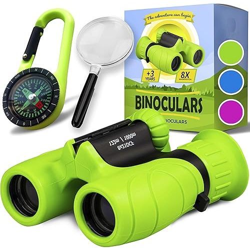 Promora Binoculars for Kids, Set with Magnifying Glass & Compass Purple - Perfect Toy for Little Boys and Girls, Kids Binoculars for 3-12 Years Boys and Girls Present for Toddler