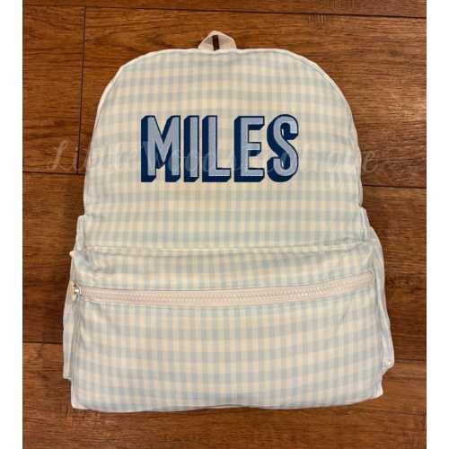 Full Size Backpack + Lunchbox - Blue Gingham Backpack with Shadow Block Font Name Design - Baby Blue and Navy