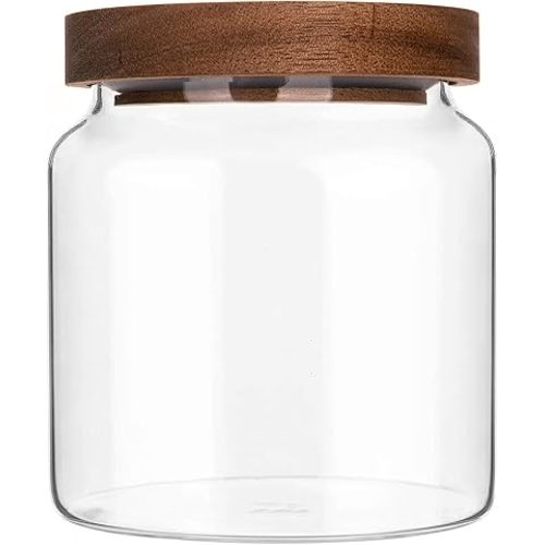 Glass Jar with Lid, 17.6 FL oz Airtight Glass Storage Jar Glass Food Storage Containers for Kitchen Counter, Pantry, Decorative Jar for Coffee, Sugar, Candy Cute (Wooden 17.6 FL OZ)