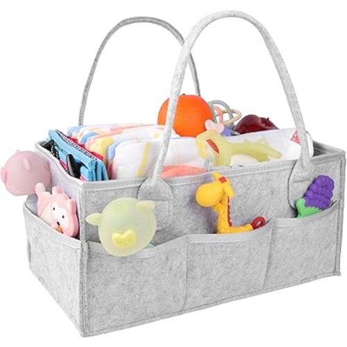 PHILORN Diaper Caddy Organizer, Baby Diaper Caddy with Dividers, Car Diaper Caddy, Diaper Caddy for Changing Table,Felt Diaper Caddy Organizer with Handle, Baby Shower Gifts, Gray