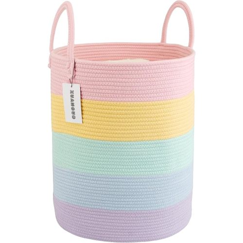 Rope Laundry Basket Hamper for Kids Girl Woven Storage Basket for Living Room Bedroom Boho Tall Baskets for Blanket Toys Pillow Towels Baby Nursery Hamper Bin rainbow