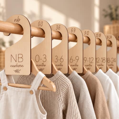 Beautiful Wooden Baby Closet Dividers Set of 7 - Newborn to 24 Months | Double-sided Nursery Hanger Dividers Easily Organize Your Little Girls or Boys Room Clothes by Size