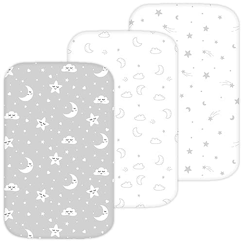 Bassinet Sheets for Maxi-COSI Iora, Papablic 2 in 1 Bonni, Cowiewie Bassinet Bedside Sleeper, 3 Pack, 33x20 Inch, Ultra Soft, Breathable Snug Fit, Unisex Boys Girls, Gray White (Moon, Stars, Clouds)