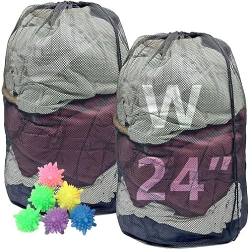 2pcs Black Large Mesh Laundry Bag Comes With 6 pcs Reusable Laundry Balls, 24×36inch Heavy Duty Mesh Laundry Bags Drawstring Lockable, Machine Washable, for Travel,Storage, Sports Factories, Dorms