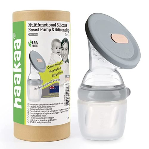 haakaa Gen.3 Manual Breast Pump with Silicone Lid Multifuctional Silicone Breast Pump Breast Milk Collector Breast Milk Catcher Breast Milk Saver Breastfeeding Essentials, BPA Free (5.4oz/160ml, Grey) - 5.4oz/160ml Breast Pump with Lid