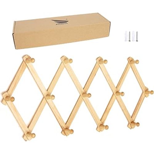 AMAPON Accordion Style Expandable Wall Wooden Coat Rack 13 Hooks (Pegs) Hang Hats Jackets Coffee Mug Purses Necklaces Towels Cap Leash Scarves Data Line Kitchenware