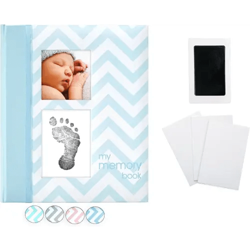 Pearhead Baby Memory Book, First 5 Years Baby Milestone Book, Pregnancy Journal, Holiday Gift, Gender Neutral Newborn Keepsake, With Clean-Touch Ink Pad For Baby's Handprint or Footprint, Blue Chevron