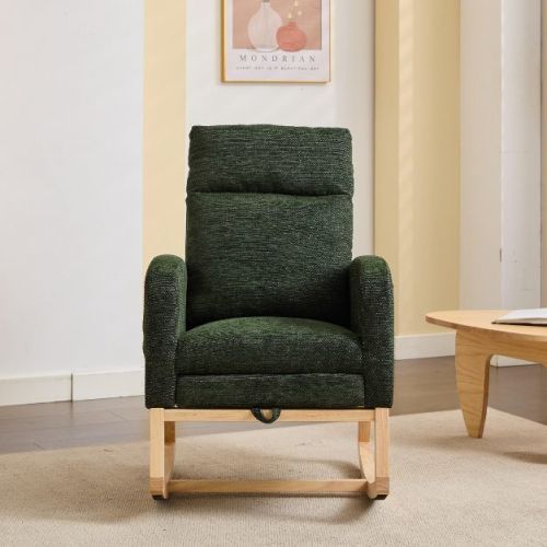Modern Green Accent Rocking Recliner Armchair With Wood Legs,Teddy Fabric High Backrest Nursery Rocking Chair With Side Pocket And Leg Rest-Cuddlewood