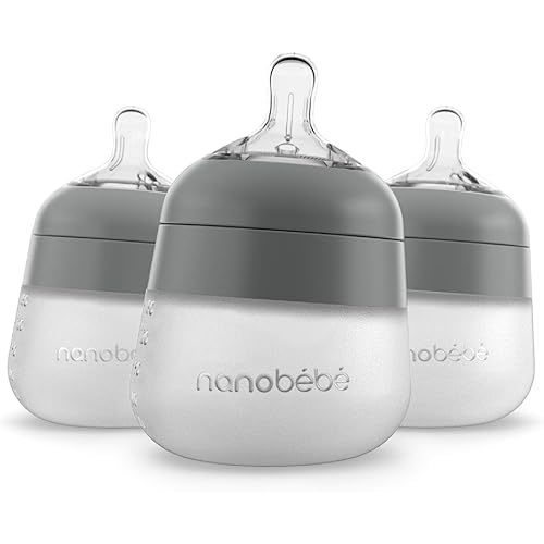 Nanobébé Flexy Silicone Baby Bottle, Anti-Colic, Natural Feel, Non-Collapsing Nipple, Non-Tip Stable Base, Easy to Clean 3-Pack, Gray, 5 oz