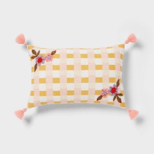 Checkered With Flower Embroidery Kids' Decorative Pillow - Pillowfort™