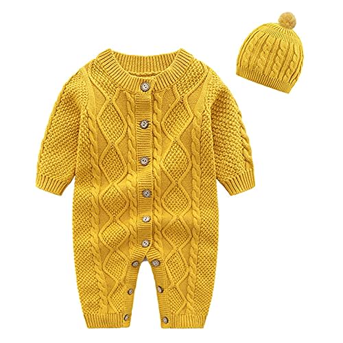 chengchuang Newborn Infant Baby Boy Girl Knitted Sweater Romper Warm Longsleeve Jumpsuit Outfit with Warm Hat Set