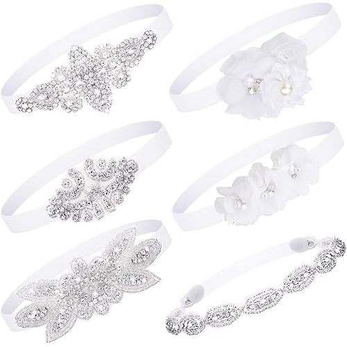 6 Pcs White Baptism Headband for Baby Girl Toddler Elastic Christening Headbands Chiffon Flower Crystal Lace Infant White Head Bands Gifts Birthday Baby Shower Party(3-6 Months)