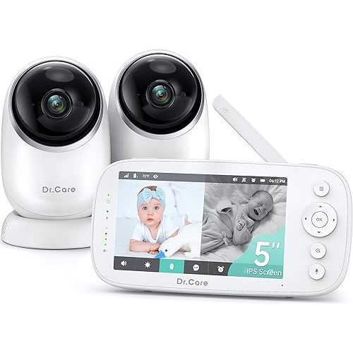 Dr.Care NovaView Video Baby Monitor with 2 Cameras - 5" 1080P Split Screen Display, 5000mAh Battery, Night Vision, Real-Time/VOX, 2X/4X Zoom, Pan & Tilt, 1000ft Range, 2-Way Audio, No WiFi