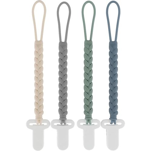 4-Pack Silicone Pacifier Clips with a Woven Rope Shape for Baby Boys and Girls - Flexible and Rust-Free Holders for Teething Relief and Baby Essentials, Safe for Newborns (Grey)