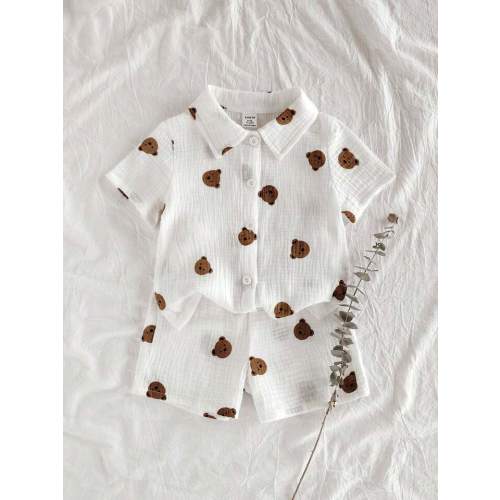 6-9 Months 2 Piece Bear Button-up and Shorts Set