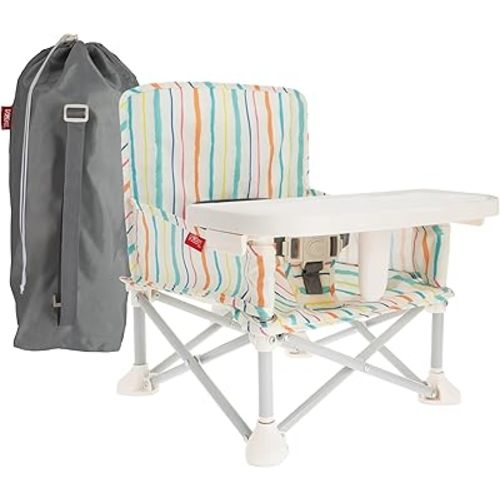 Nuby Easy Go Pop-Up Booster Seat with Removable Tray - 6+ Months - Portable Booster Seat for Floor for Indoor/Outdoor Use - 3-Point Safety Adjustable Straps - Includes Travel Bag - Stripes