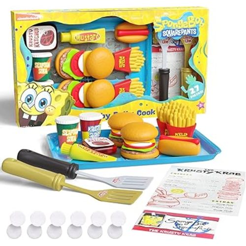 Spongebob Kids Kitchen Playset - Interactive Play Food with 2 Krabby Patty Burgers, Seafoam Shake, Kelp Fries, Spongebob Toys Kitchen Set for Kids Ages 3-5 Includes Velcro Dots