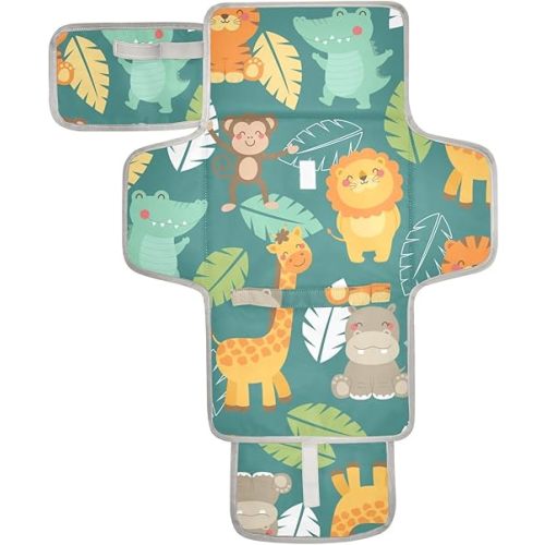 Jungle Animals Portable Changing Pad for Unisex Baby Toddler Waterproof Foldable Baby Changing Mat with Pillow & Shoulder Strap Travel Changing Station for Traveling Walking Hiking Home Dresser Gift
