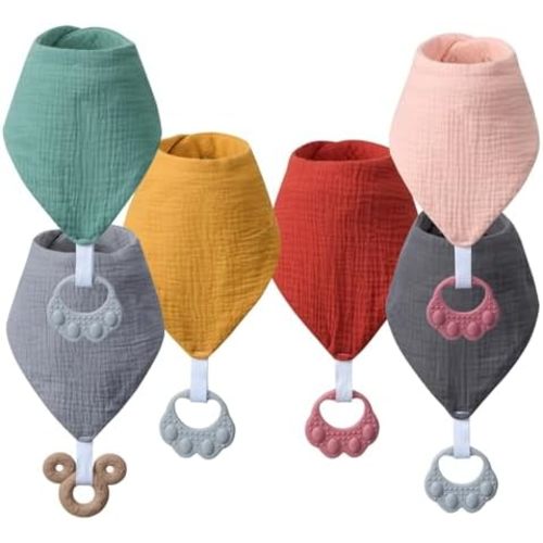 Baby Teething Bibs 6-Pack with Attachable Teether - 100% Organic Cotton, Super Absorbent & Soft Drool Bibs