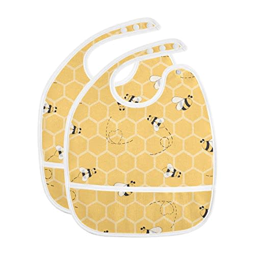 DOMIKING Yellow Bees Honey Baby Bibs for Girls Boy 2 Pack Toddler Bibs with Food Catcher for Kids Eating