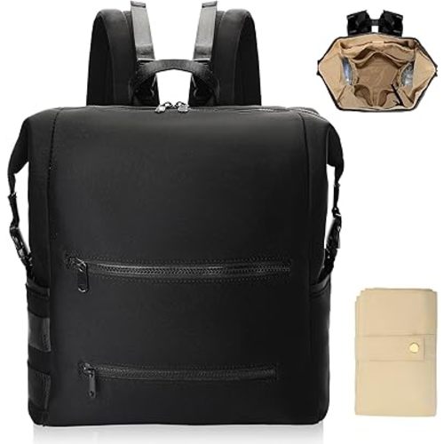Omanmoli Diaper Bag Backpack,Large Neoprene Baby Bag for Boys Girls with 15 Diaper Bag Organizer,2 Insulated Pockets,Changing Pad,Stroller Straps,Black