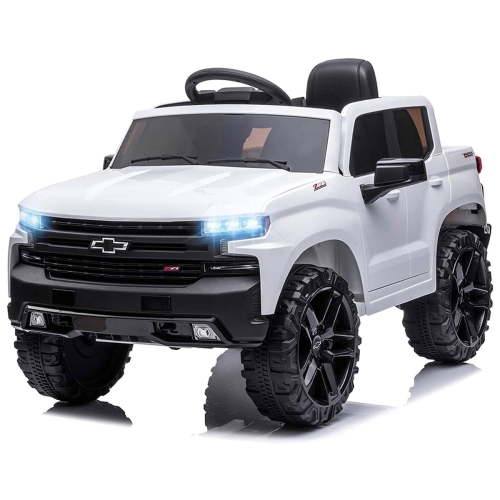 FUNTOK Licensed Chevrolet Silverado 12V Kids Electric Ride on Truck,Battery Powered Ride on Car with Remote Control and Storage Trunk, White