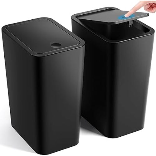 Bathroom Trash Can with Lid, 2 Pack 4 Gallons/15 Liters Garbage Can with Pop-Up Lid, Small Plastic Trash Can, Slim Trash Bin Waste Basket for Bathroom, Bedroom, Office, Living Room(Black)