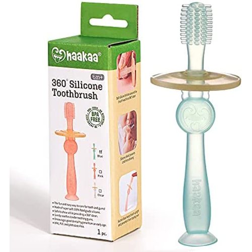 haakaa 360° Baby Toothbrush with Suction Base Infant Silicone Toothbrush Teethers for Babies Teething Toys,1pc (Blue)