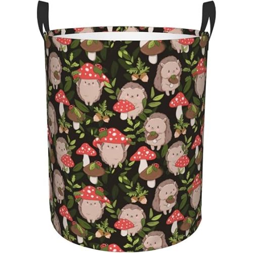 Edgehog And Mushrooms Foldable Laundry Basket Organizer,Fabric Clothes Toy Storage Basket Nursery Hamper Storage Bin For Household Bedroom, Bathroom, College Dorm-Medium