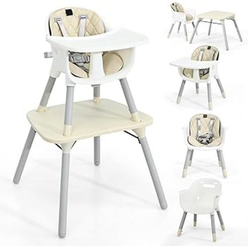 HONEY JOY 5-in-1 High Chair, Convertible Highchair for Babies and Toddlers/Kids Chair Table Set/Infant Feeding Chair w/Safety Harness, PU Leather Cushion & Removable Food Tray (Beige)