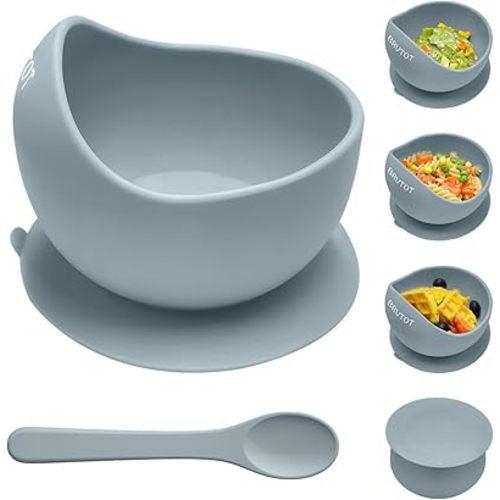 Stay Put Suction Bowls for Babies Kids, Food Grade Silicone Bowl and Spoon Set for Led Weaning, Self Feeding Baby Toddler Dishes & Utensils, Silicone Feeding Set BPA Free 12 Oz