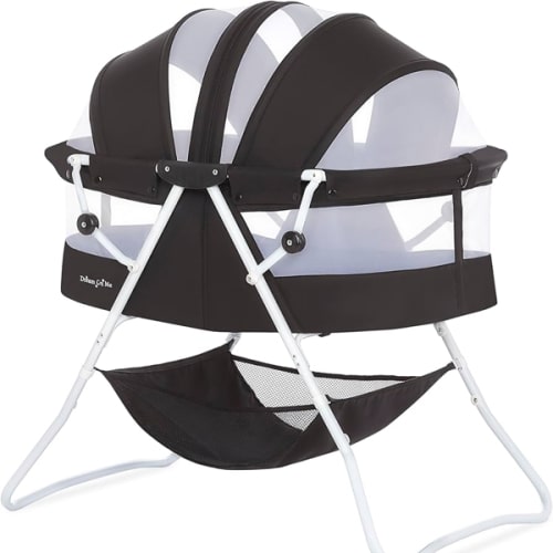 Dream On Me Karley Bassinet, Award Winner Lightweight Travel Baby Bassinet, Foldable Bedside Sleeper, Adjustable Double Canopy, Spacious Design, Soft Fabric, Storage Basket – Blue and Grey