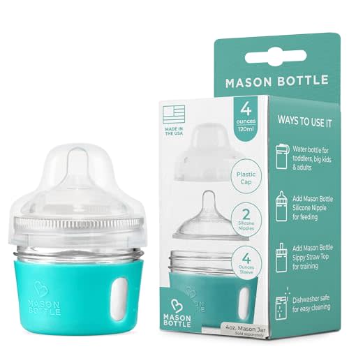 Mason Bottle 4oz Glass Baby Bottle DIY Kit - Fits Any 4oz Mason Jar - Includes 1x Silicone Sleeve, 1x Plastic Cap, & 2X Silicone Slow Flow Nipples (Ring/Lid & Jar NOT Included) - Made in USA