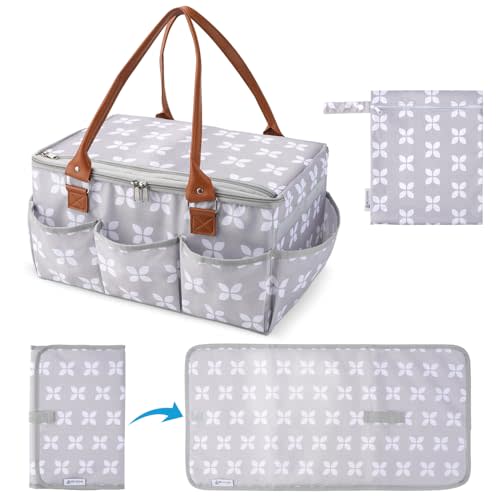 Moteph Diaper Caddy Organizer - Baby Caddy with Lid & Changing Mat, Car Diaper Caddy, Large Nursery Storage Diaper Tote Basket for Changing Table with Zip-Top Cover, Great for Baby Showers - Grey
