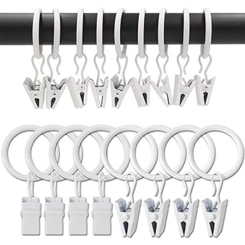 AMZSEVEN 100 Pack Metal Curtain Rings with Clips, Curtain Clips Drapery Ring Clips Drapes Clip Rings 1 in Interior Diameter Fits Diameter 5/8 in Rod, White