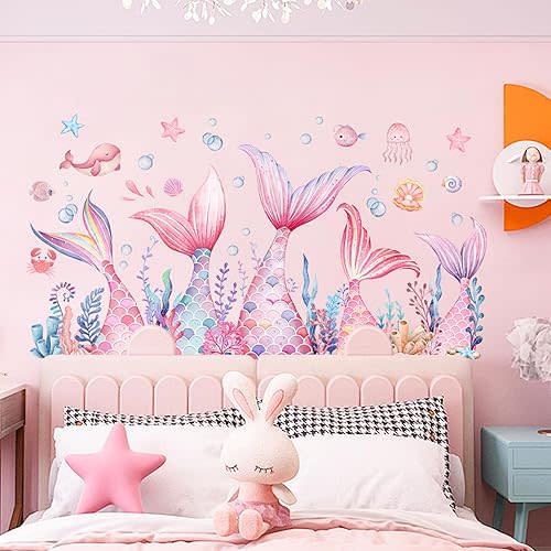Mermaid Wall Stickers for Girls, sunoyar Mermaid Tail Wall Decals Peel & Stick, Removable Pink Under The Sea Bubble Seaweed Wall Art Decor for Bedroom Nursery Bathroom