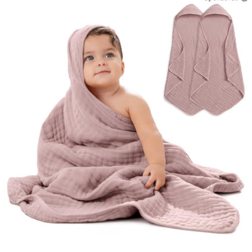 Comfy Cubs Hooded Baby Towel 2-Pack, Large 32 x 32 Inch - 6 Layer 100% Muslin Cotton for Babies, Toddlers and Kids - Soft & Absorbent Baby Bath Towels - Unisex Design for Bath Time - Mauve