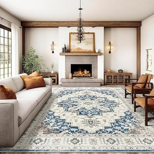 6x9 Area Rug for Living Rooms, Stain Resistant Neutral Washable Rugs for Dining Rooms, Floral Vintage Non-Slip Thin Large Size Area Rugs(Blue)