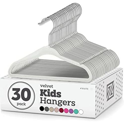 Zober Velvet Kids Hangers for Closet - Pack of 30 Non Slip Childrens Hangers for Shirts, Pants & Dresses w/Swivel Hook - Durable Kids Clothes Hanger w/Notches - Small Hangers - White