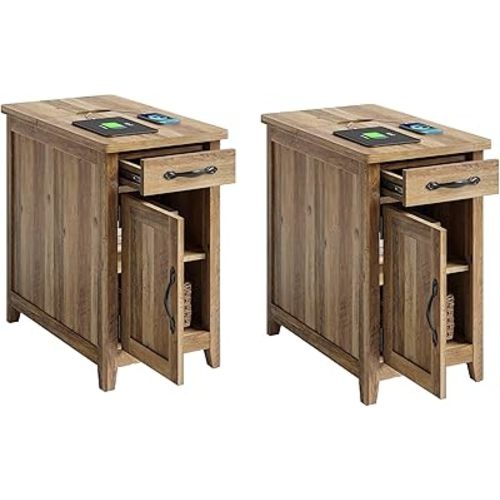 LINSY HOME End Table Set of 2 with Charging Station, Modern Farmhouse Sofa Couch Side Table, Wooden Bedside Table for Living Room Bedroom, Narrow Nightstand with Storage for Small Space, Rustic Brown