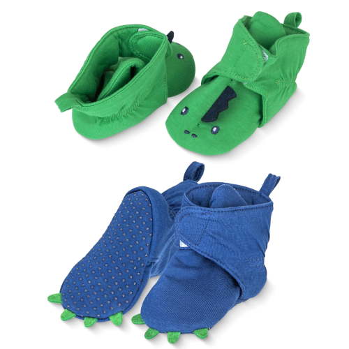 Baby Booties 3-6 Months, 100% Cotton, Hook & Loop Closure & Non Slip Grippers Baby Slippers that Stay On (Green Dino)