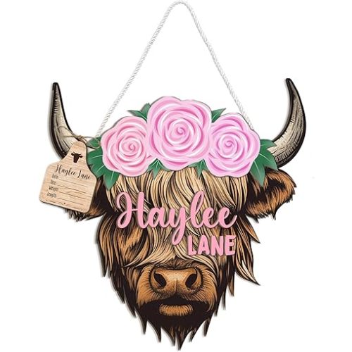 Highland Cow Flowers Baby Birth Announcement Sign, Baby Name Signs for Nursery Decor, Personalized Baby Name Signs, 2 Layers Wood Birth Stat Sign, Baby Shower Décor