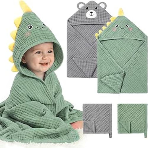 CandyHome 4 Pack Muslin Baby Towels for Newborn Set, 100% Cotton 2 Hooded Baby Bath Towels 32x32" with 2 Washcloths 10x10", Super Soft Absorbent Infant Toddler Bath Essentials Gifts, Dinosaur & Bear